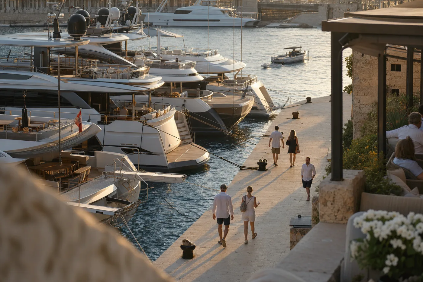 Large yachts moored along a stone mole in evening light